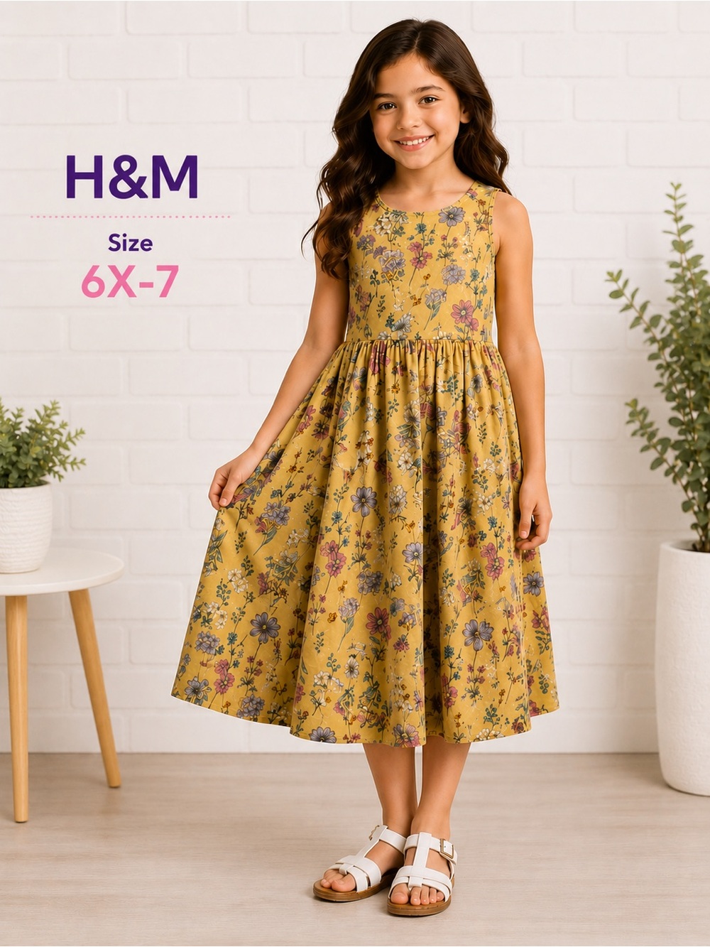 H&M Girls Floral Sleeveless Dress Size 6X-7 Yellow Cotton